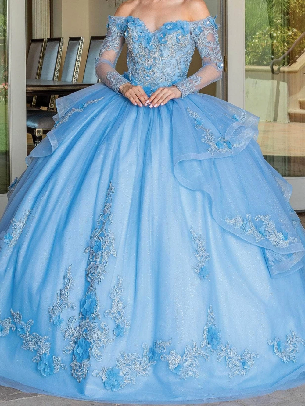 Vestido de baile Quinceanera brilhante com apliques florais 3D, vestido de baile sem o ombro, vestido Sweet 16, vestido de noite até o chão, feito sob medida