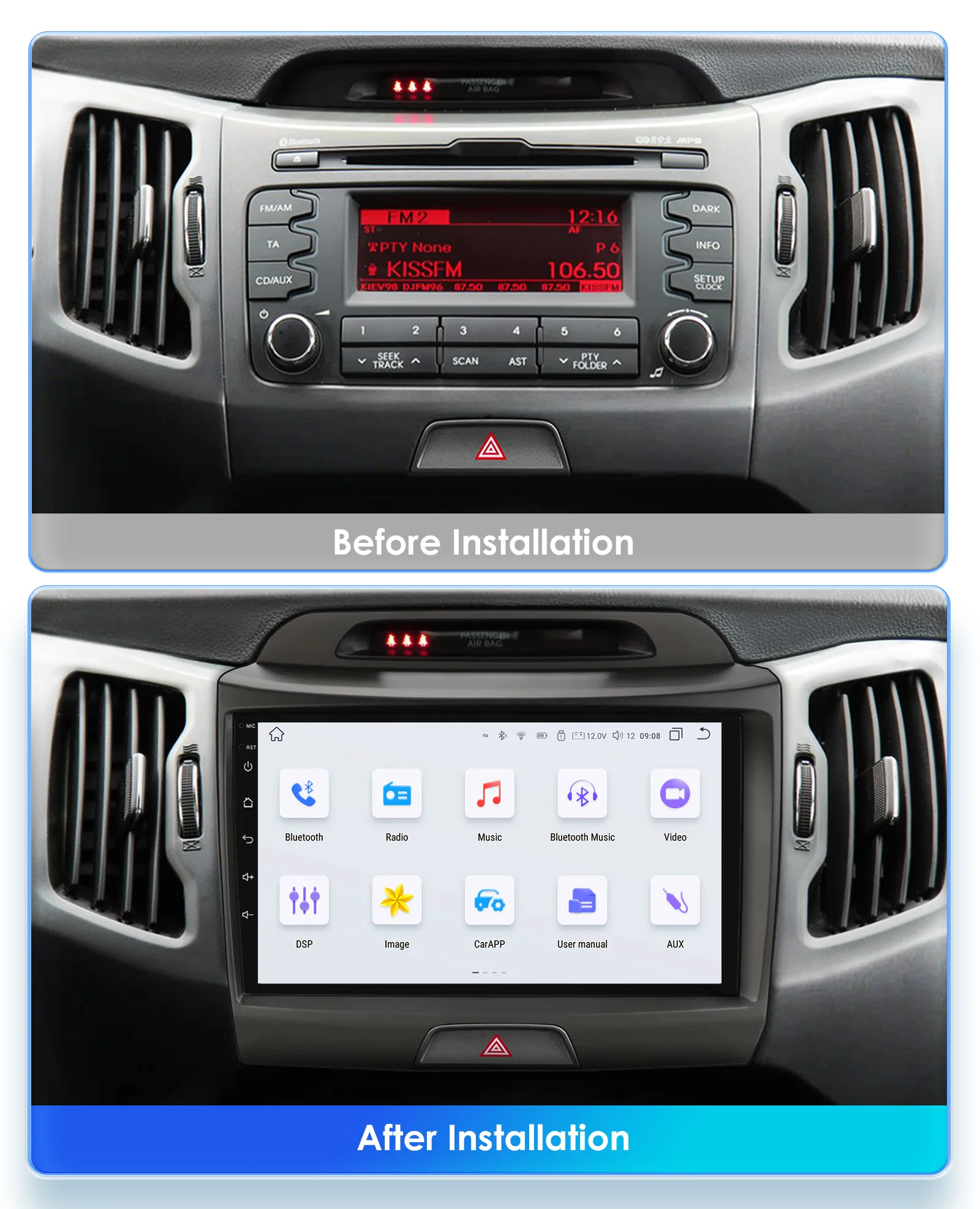 Hizpo Cámara de 8 núcleos y 360° para KIA Sportage 3 2011-2016, CarPlay inalámbrico, Android Auto, radio para coche, GPS, reproductor multimedia de vídeo, 8+128G, 4G, WIFI, RDS, estéreo 3