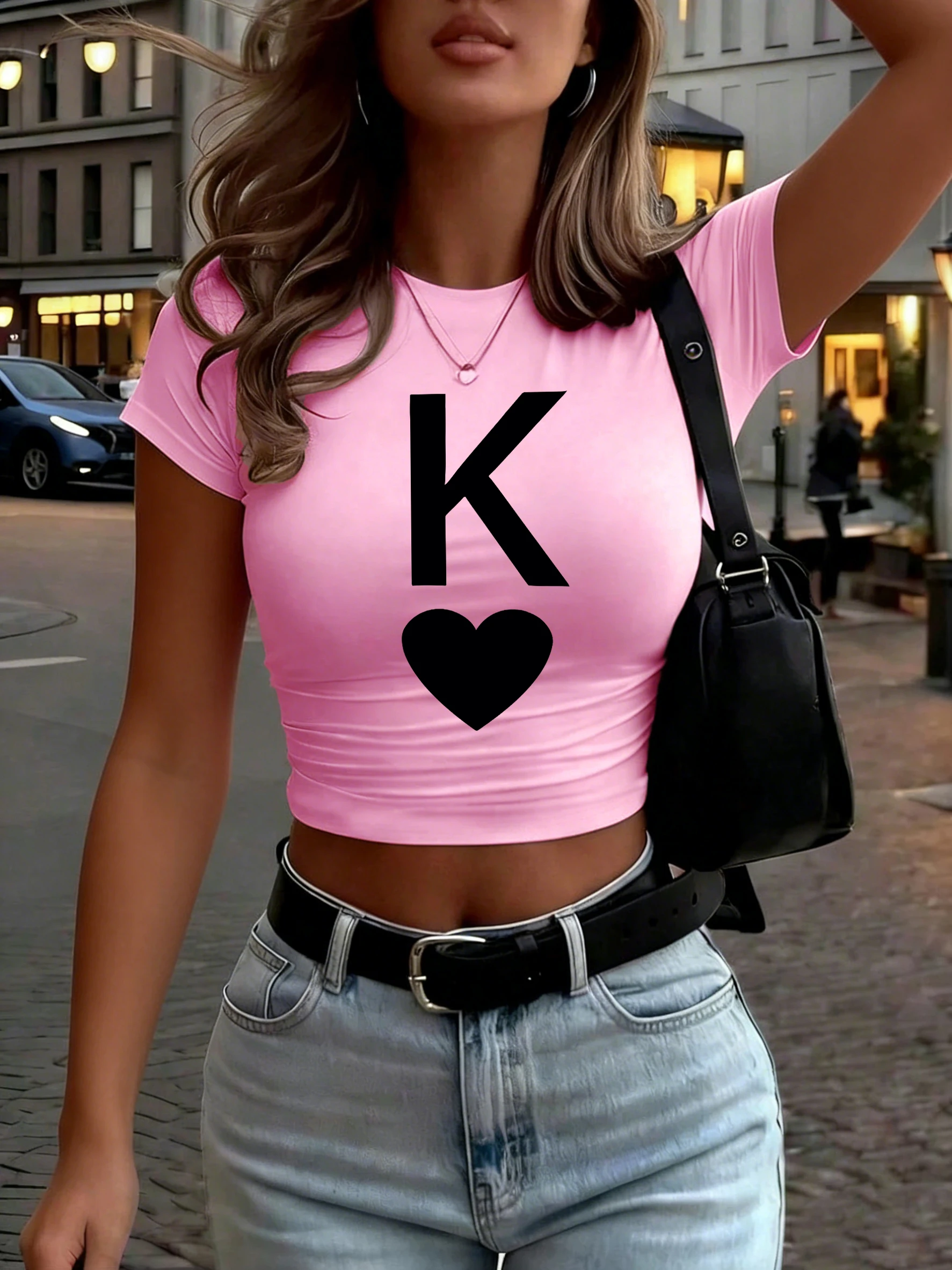 Art Love K Buchstabenmuster Damen Crop T-Shirt Sommer Rundhalsausschnitt Kurzarm Y2K Enge Casual Streetwear Yoga Damen T-Shirts – Detail 10