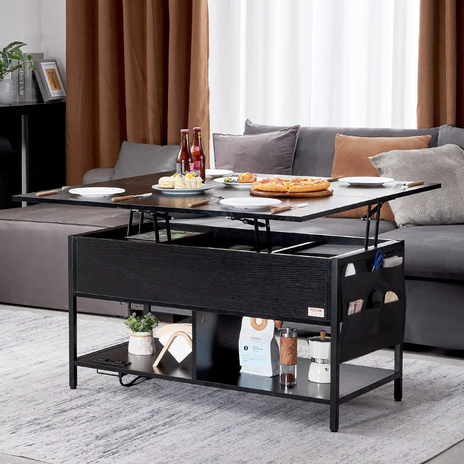 Lift Top Coffee Table - 39.4" Rectangle Coffee Table with Light & USB, Black 4