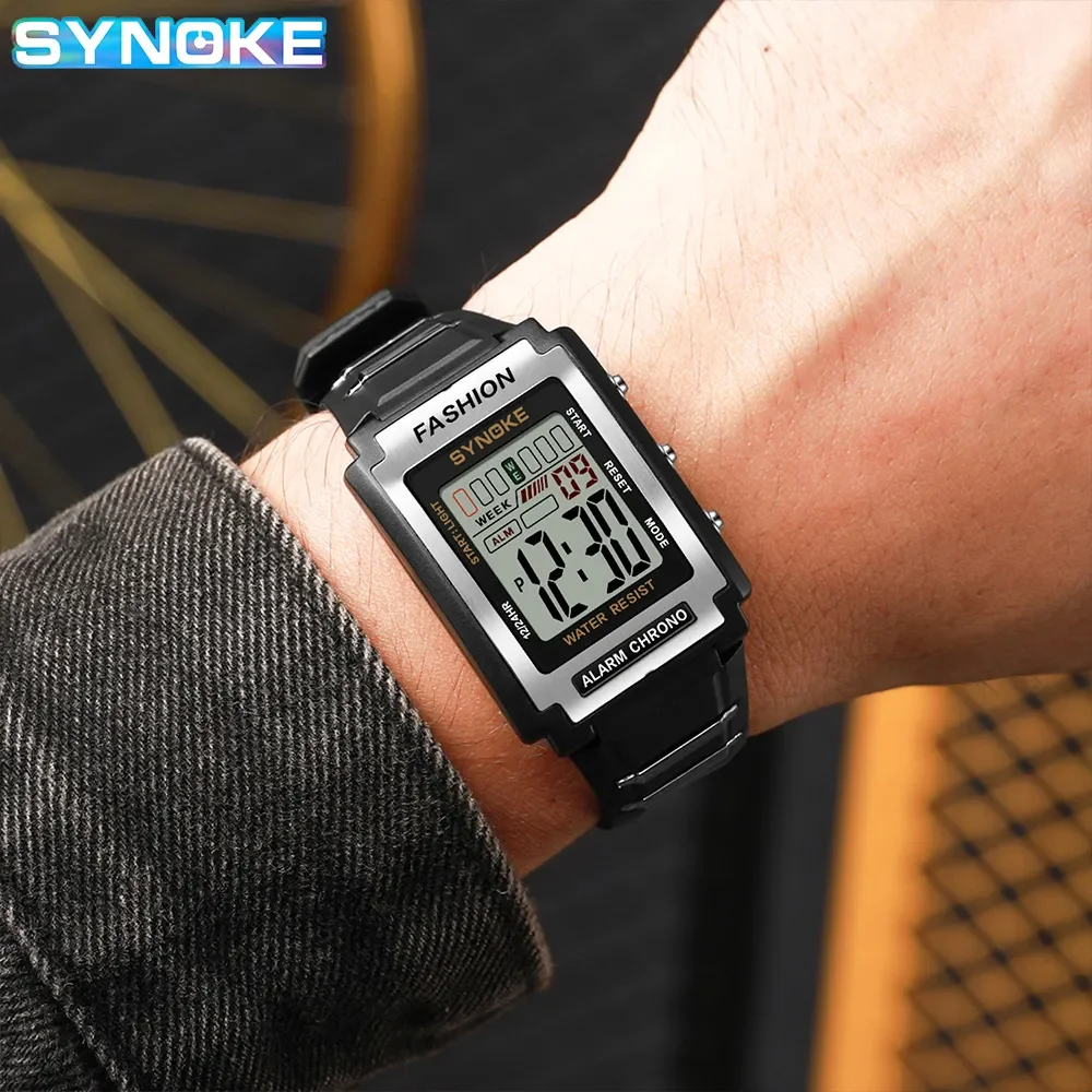 SYNOKE Men Rectangular Sports Electronic Watch Waterproof 50M Night Light Large Screen Alarm Clock Trend Retro Style 5