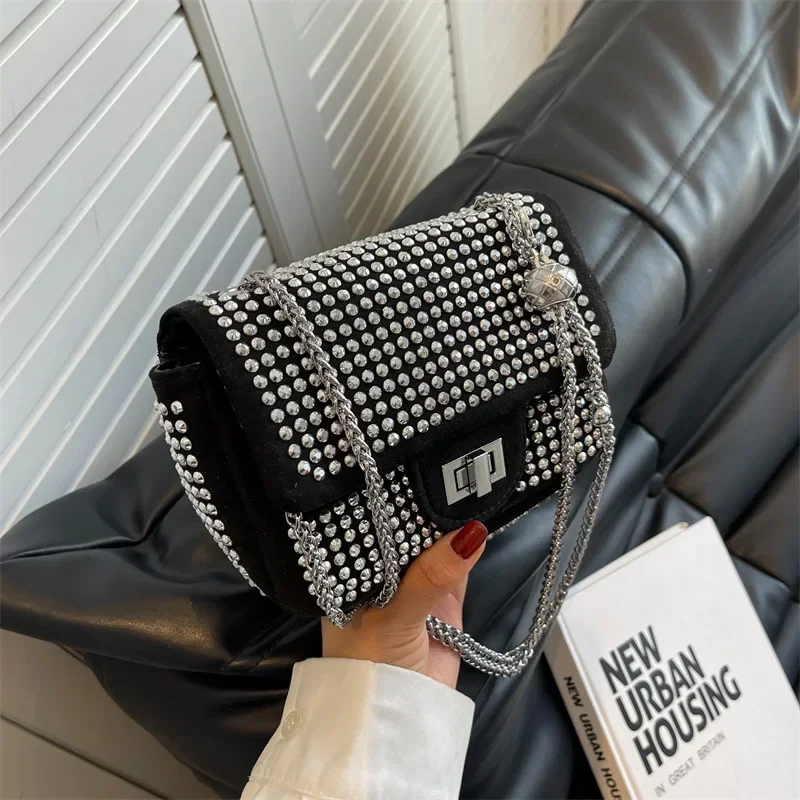 

2024 new popular bright diamond bag women fashion simple cross-body bag network red fashion chain shoulder underarm bag