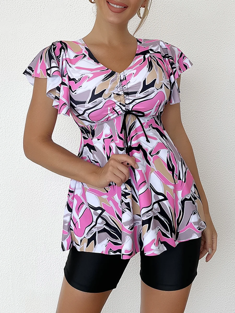 Printed Tankini Set Two Piece Swimsuit Women Tie Front Drawstring Swimwear Female Bathing Swimming Suit Beachwear Summer