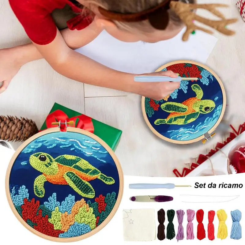 Punch Needle Embroidery Kit Turtle Pattern Punch Embroidery Kit Tool Set With Needle Instruction Fabric Hoop Yarn Crafting
