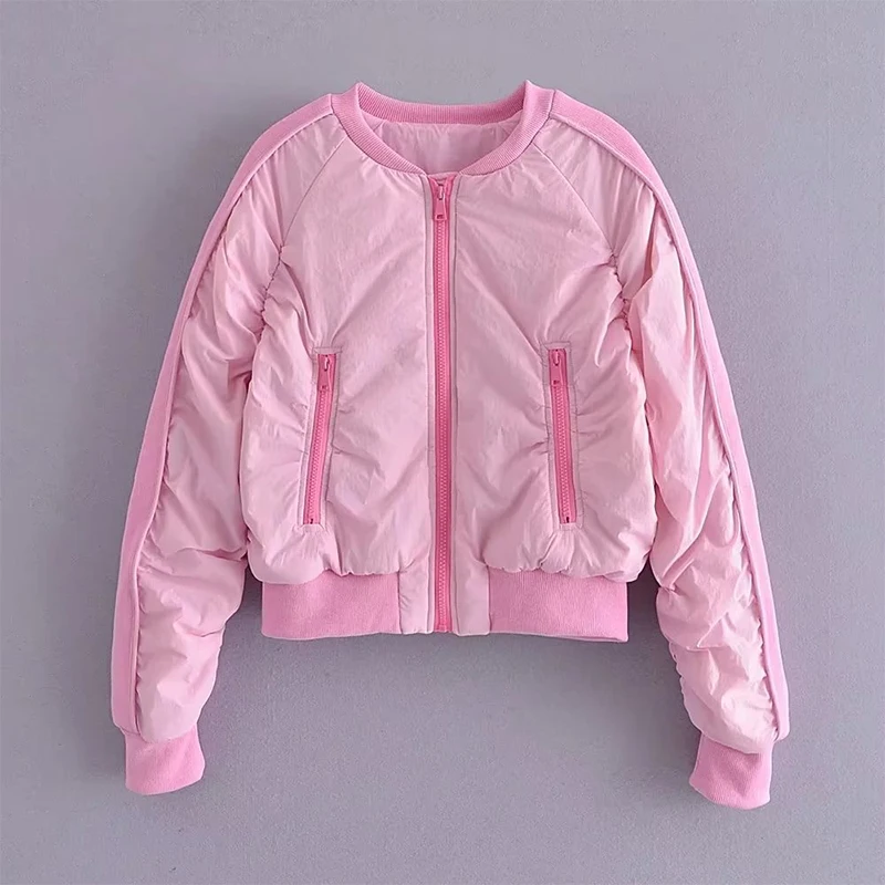 

Autumn Women Vintage Long Sleeve O Neck Pink Loose Crop Bomber Jacket