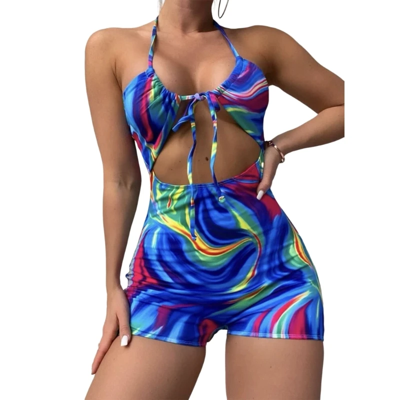 

Sexy Cut out Bathing Suit for Women Tie Dye One Piece Swimsuit Halter Swimwear
