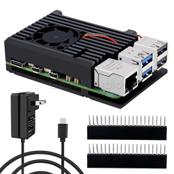 Sleek Black Aluminum Heatsink Case for Optimal Raspberry Pi Cooling (With fan and power)