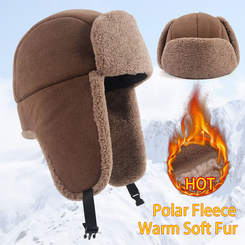 Winter Earflap Hat Men Soviet Ushanka 2024 Russian Polar Fleece Faux Fur Bomber Hats Keep Warm Snow Aviator Trooper Trapper Hat