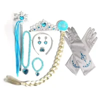 Frozen Dress Up Accessories Elsa Crown with Snowflake Wand Gloves Princess Queen Cosplay Jewerly Elsa Long Braid Wig Hairpin 3