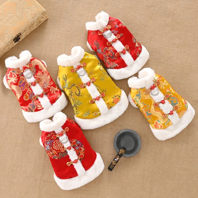 Dog Tang Suit Autumn And Winter Thickened Warm Pet Clothes For New Year Teddy Bear Chinese Hanfu