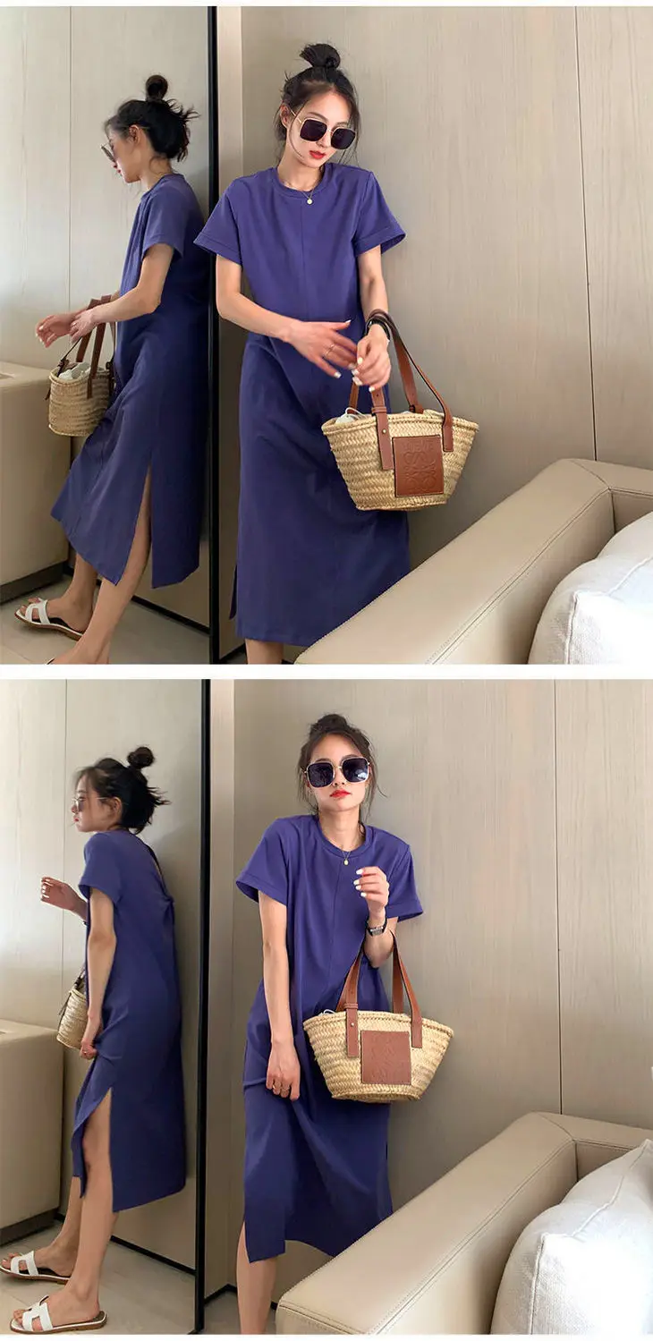 Casual Backless T Shirt Dress Summer New Round Neck Short Sleeve Solid Color Loose Midi Dress Fashion Trend Women Clothing