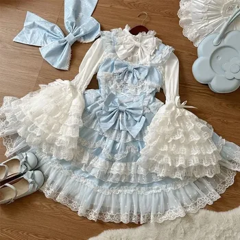 Lolita Kawaii Y2k Long Sleeve Strap Dress Japanese Knee-Length Women Elegant Lace Bow Patchwork Ball Gown Sweet All Season 1