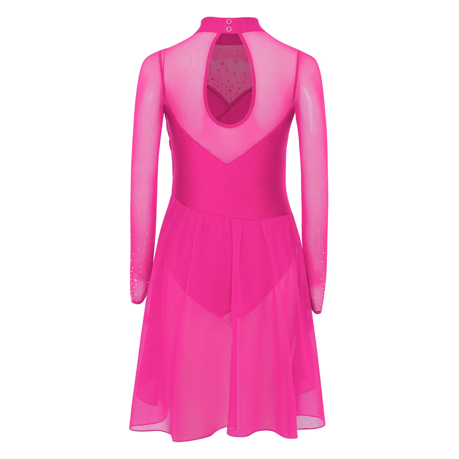 Kinder Mädchen Langarm Strass Sheer Mesh Eiskunstlauf Trikot Kleid Moderne Lyrical Dance Gymnastik Ballett Kostüm – Detail 3