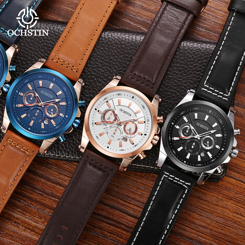 OCHSTIN Brand Men Watch Fashion Timing Multifunctional Date Luxury Quartz Waterproof Luminous Leather Strap