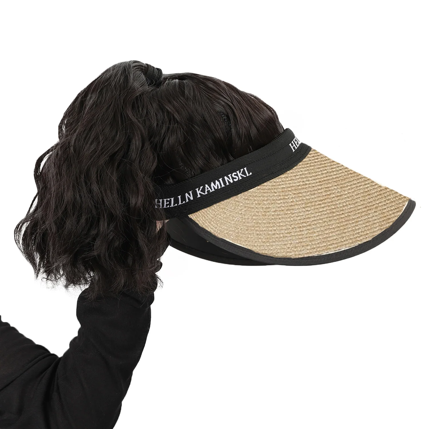 Synthetic Wigs Ladies Fashion Beige Khaki hat Wig Wavy hair design mechanism summer shade breathable hair extensions Wig female