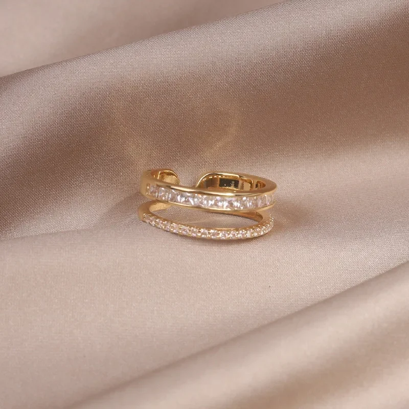 Korea Fashion Jewelry Double Zircon Ring Elegant Women's Opening Adjustable Daily Work Accessories silver ring silver rings