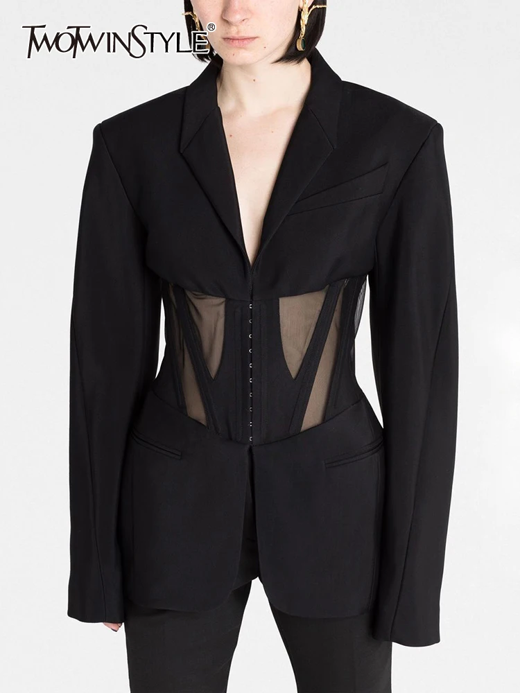 

TWOTWINSTYLE Spliced Sheer Mesh Casual Blazers For Women Notched Collar Long Sleeve Tuic Solid Sexy Chic Blazer Female Fashion