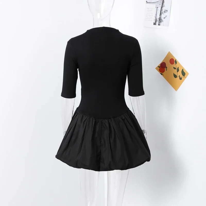Elegant Knitted Patchwork Brown A-line Dress Women O-neck Short Sleeves Pleated Ruffles Mini Dresses 2025 Lady Solid Vestidos