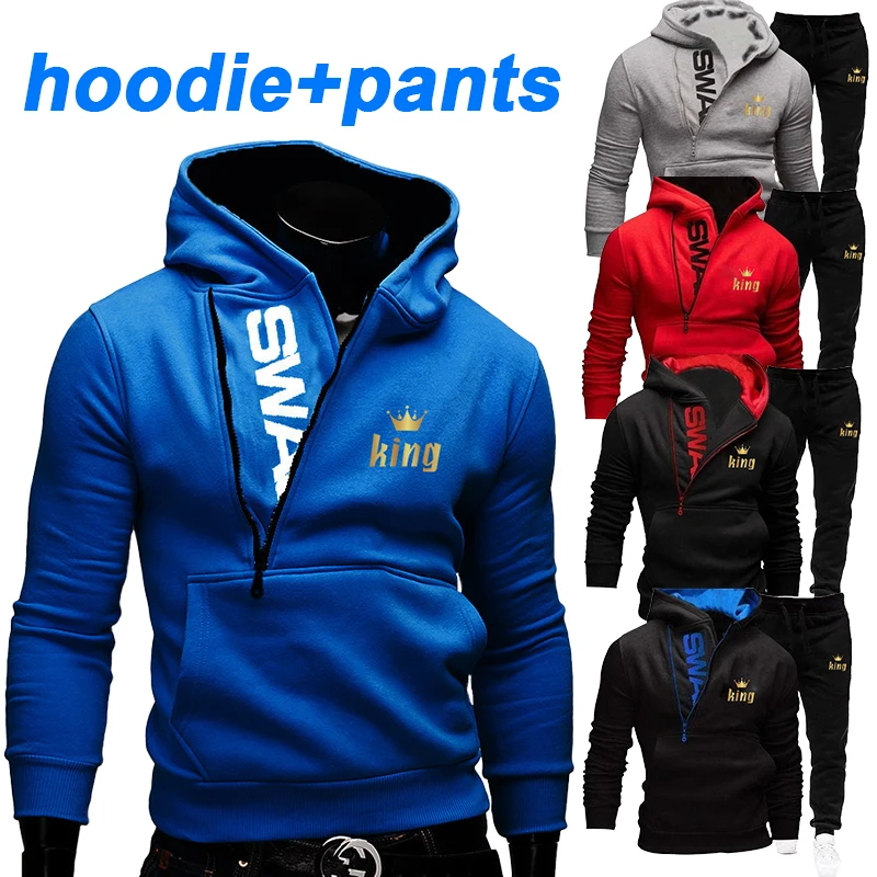 2023 Printed Letter High Collar Hoodie Set Men's Hooded Wool Warm Pullover Hooded Sweatshirt Casual Sports Pants