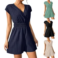 Women V Neck Rompers 2024 Summer Shorts Jumpsuits Short Sleeved Playsuits With Pockets Casual Solid Loose Beach Overalls - Image 2