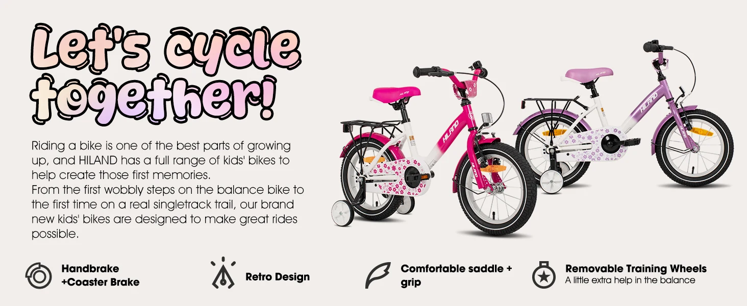 HILAND 12/14/16 Zoll Kinderfahrrad, Mädchenfahrrad mit Stützrädern Handbremse Rücktrittbremse Gepäckträger – Detail 5