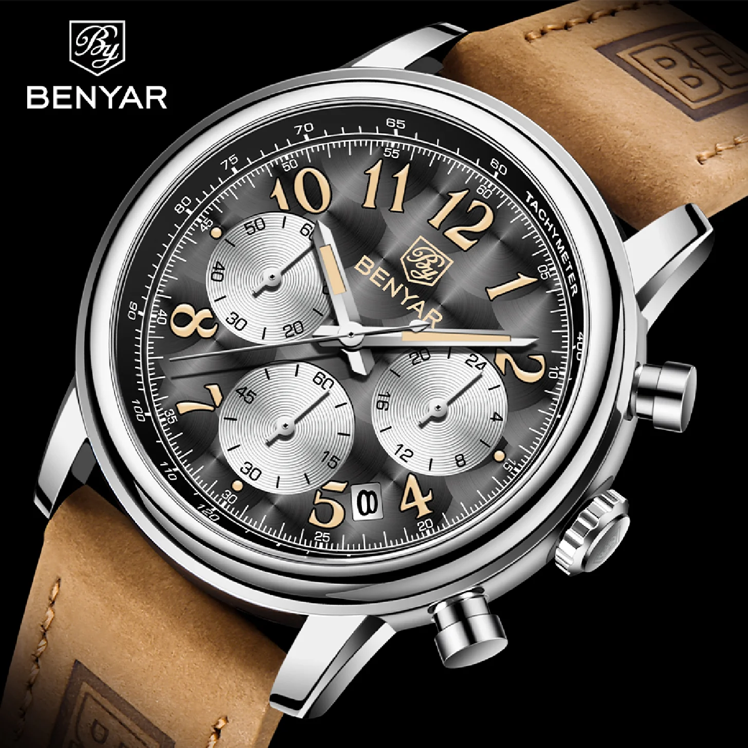 

2023 New BENYAR Top Brand Leather Men Quartz Wristwatches Waterproof Chronograph Men Military Sports Watch for Men reloj hombre