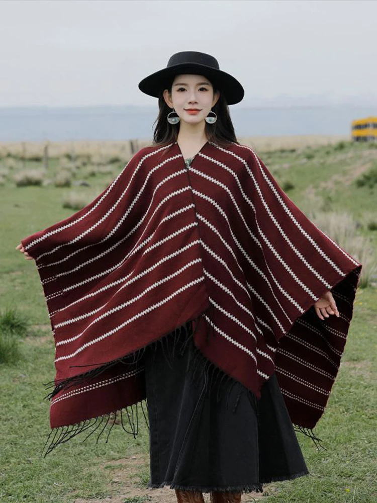 Poncho Woman Minimalist Stripe 2023 Windproof Geometric Pattern Cape Autumn Winter Split Shawl Pashimina Double-sided Scarf