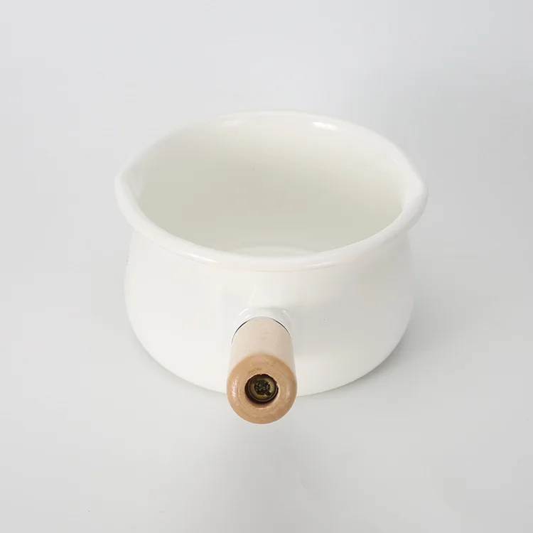 Milk Pot Porcelain Enameled 15cm 1L Wooden Single Handle Anti-scald Children Food Breakfast Egg Noodles Thickened High Quality