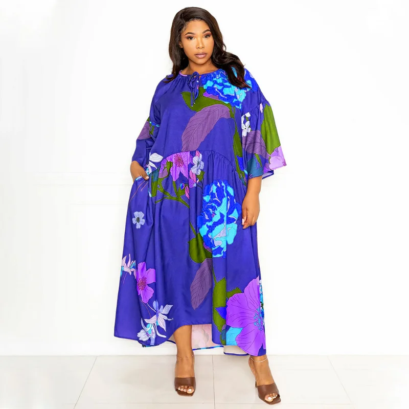 

WUHE Floral Printed Women Plus Size Dress Three Quarter Sleeve Tie Up O-neck Patchwork Asymmetrical Loose Maxi Long Dress