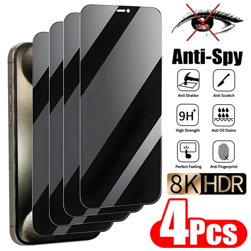 

4Pcs 8K Privacy Screen Protectors For iPhone 15 11 12 13 14 Pro Max Mini Anti-spy Protective Glass For iPhone XR X XS MAX 15Plus