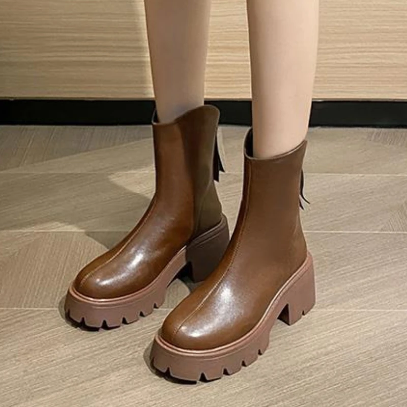 

New 2023 Mid-Calf Boots Women Zip Comfort Sneakers Female Solid Platform Non-slip Waterproof 7cm Heels Lady Fashion Shoes Autumn
