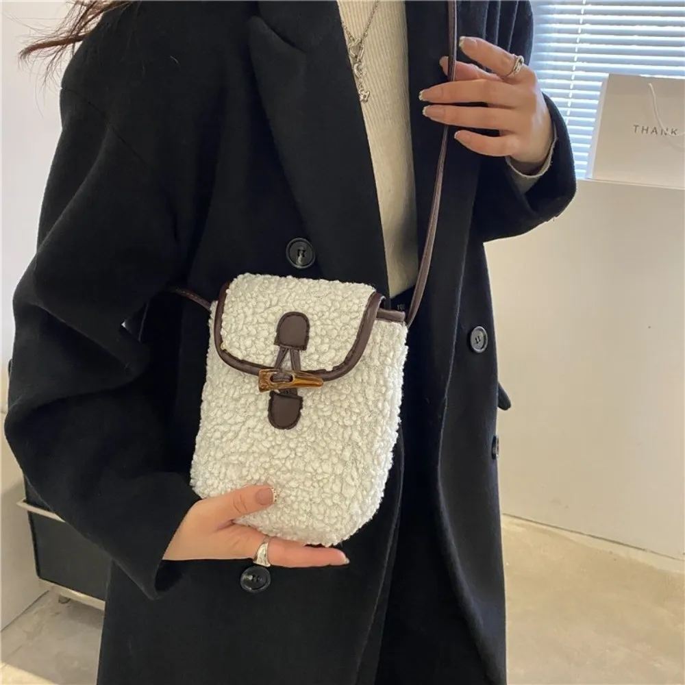 Fashion Winter Lambswool Phone Bag Faux Fur Portable Shoulder Bags Sweet Lovely Square Purse Crossbody Bag