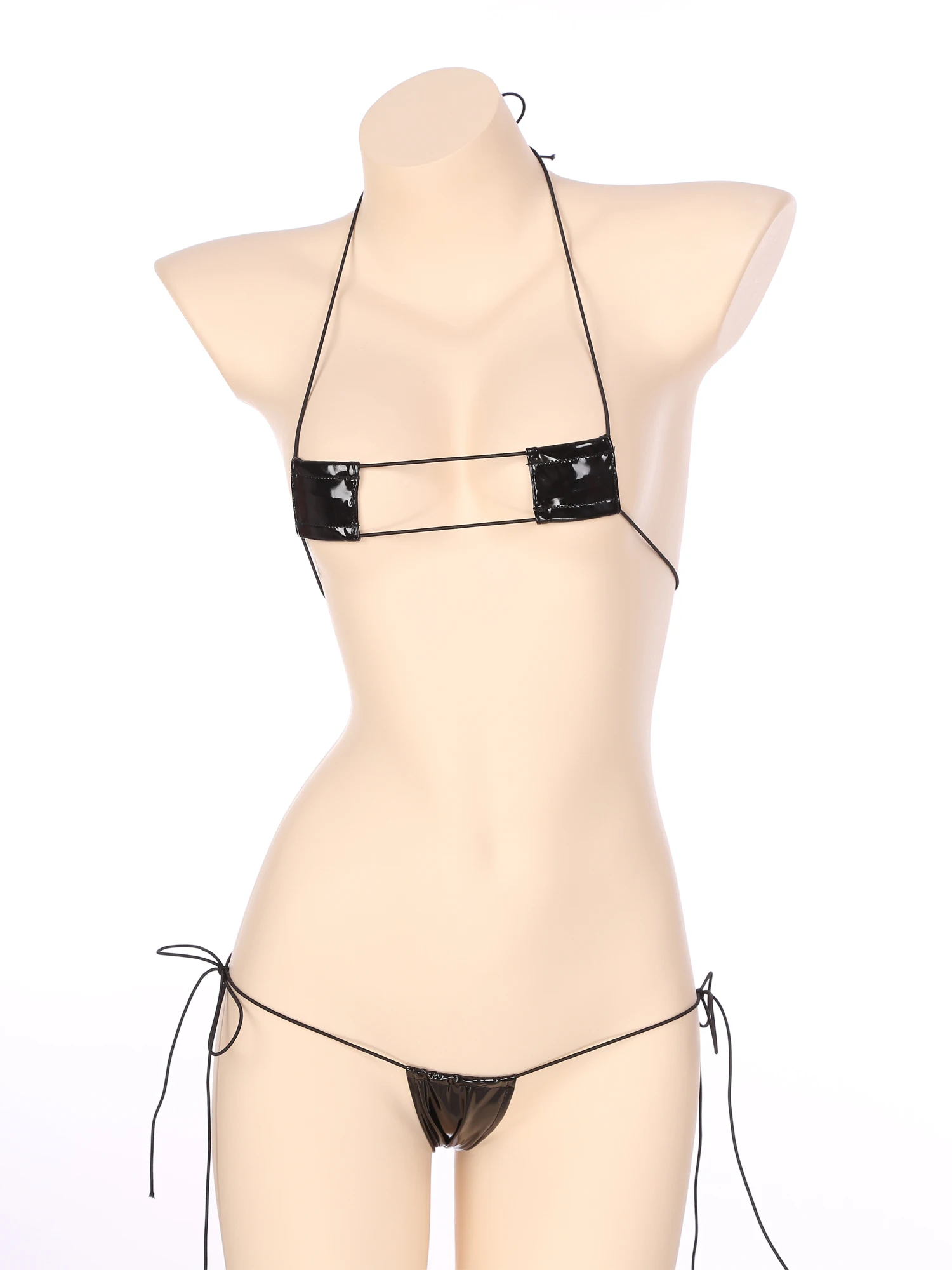 2-Piece Women Glossy Patent Leather Micro Bikini Set Swimwear Fashion Lingerie Suit Halter Lace-up Bra Low Rise G-string women swimsuit women two piece sets