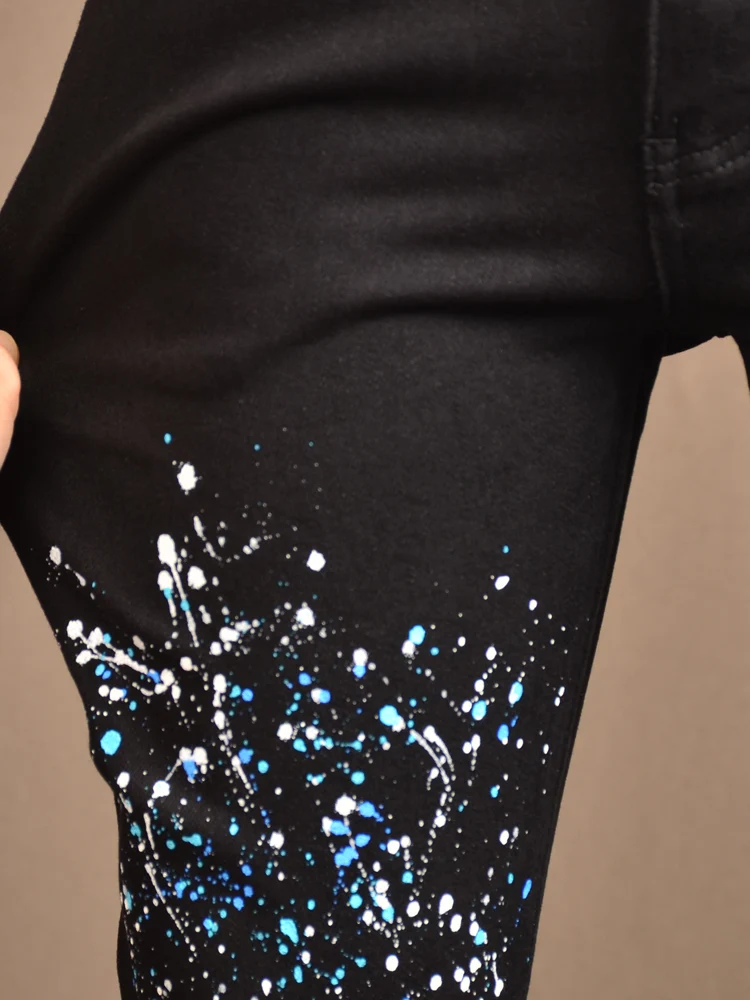 Autumn Black Jeans Men Dots Printed Slim Fit Pencil Pants Streetwear Casual Ripped Patch Denim Trousers