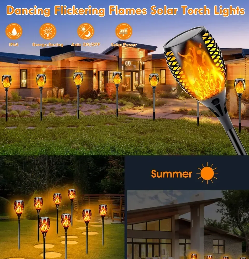 Description Picture 5 of item1-10Pack Solar Flame Light Outdoor 96/12 LEDs Flickering Torch Waterproof Night Lamp Garden Decoration for Lawn Path Yard Patio