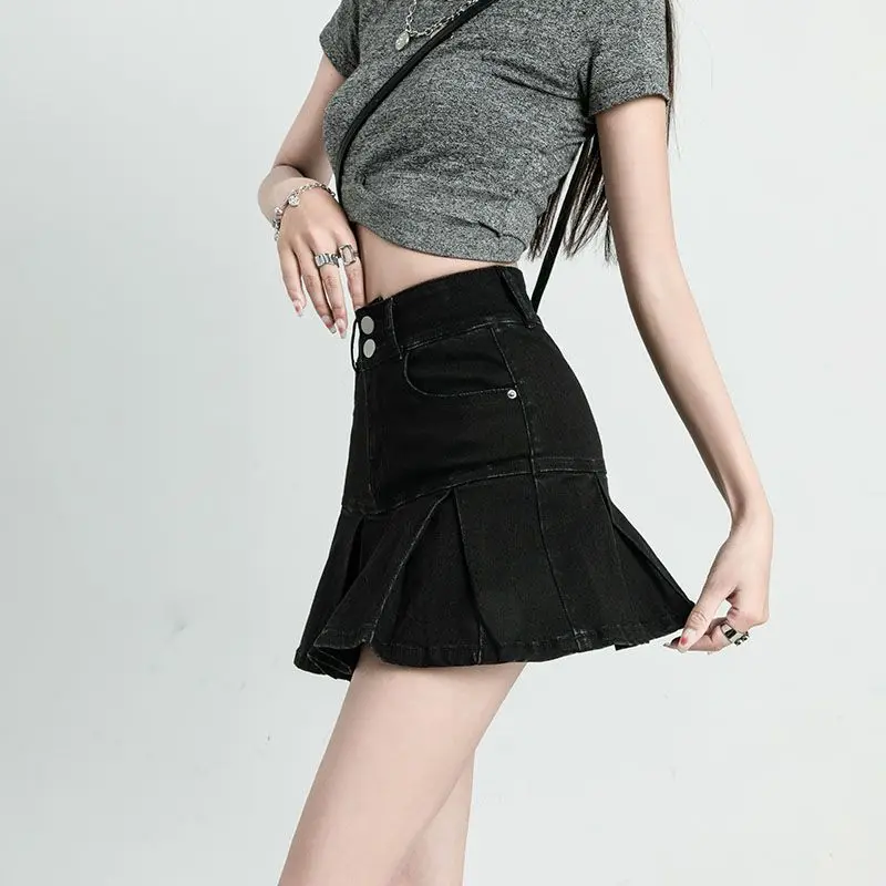 DEEPTOWN Pleated Denim Skirt Shorts Women Summer Korean Fashion High Waist A-line Slim Cute Sexy Mini Jean Ruffle Skirt Female