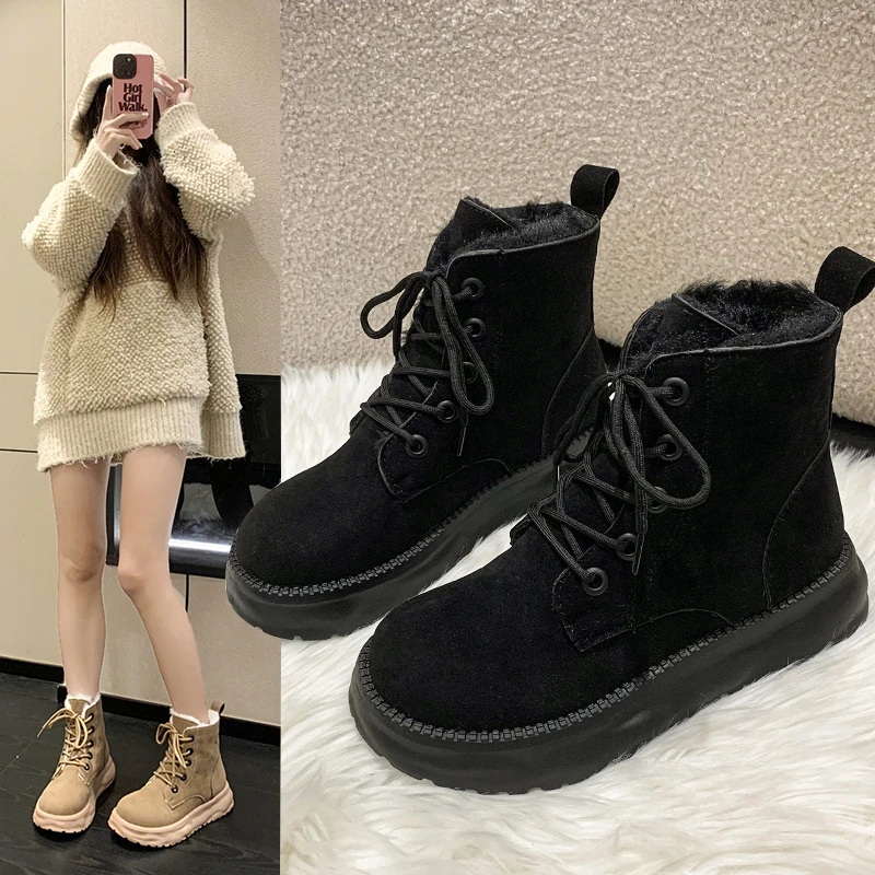 

Modern Women Keep Warm Fashion Khaki Lace Up Platform Boots Plush Warm Non Slip Shoes for Women Color Matching round toe shoes