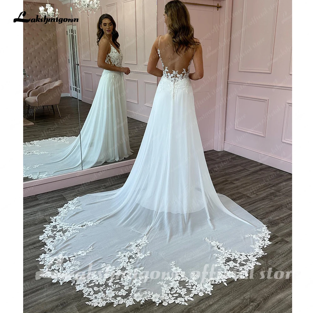 Lakshmigown Spaghetti Straps Chiffon Lace V Neck Wedding Dress for Bride Bohem Reception Bridal Gown vestidos de boda Customized 2