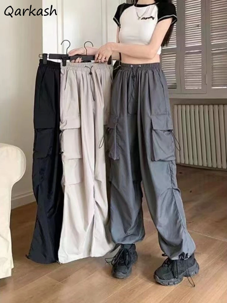 

American Retro Shirring Cargo Pants Women Fashion All-match Chic High Waist Loose Leisure Boyfriend Trousers Girls Young Ins New