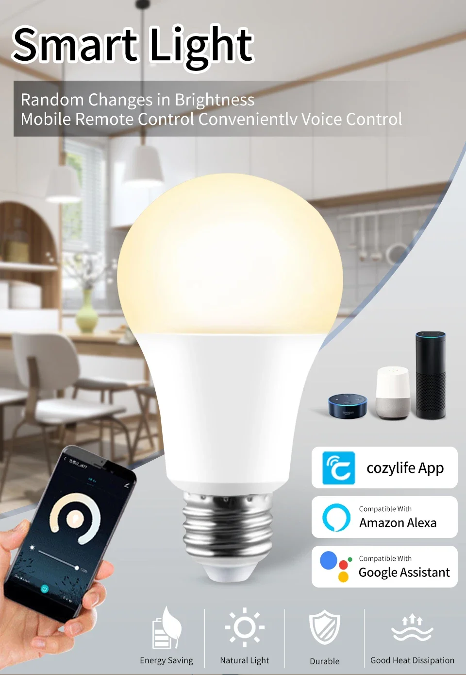Description Picture 2 of itemWifi Smart Led Light Bulb E27 Lamp Alexa Google Assistant Alice SmartThings 220V 110V White RGB Ampoules Voice Control Spotlight