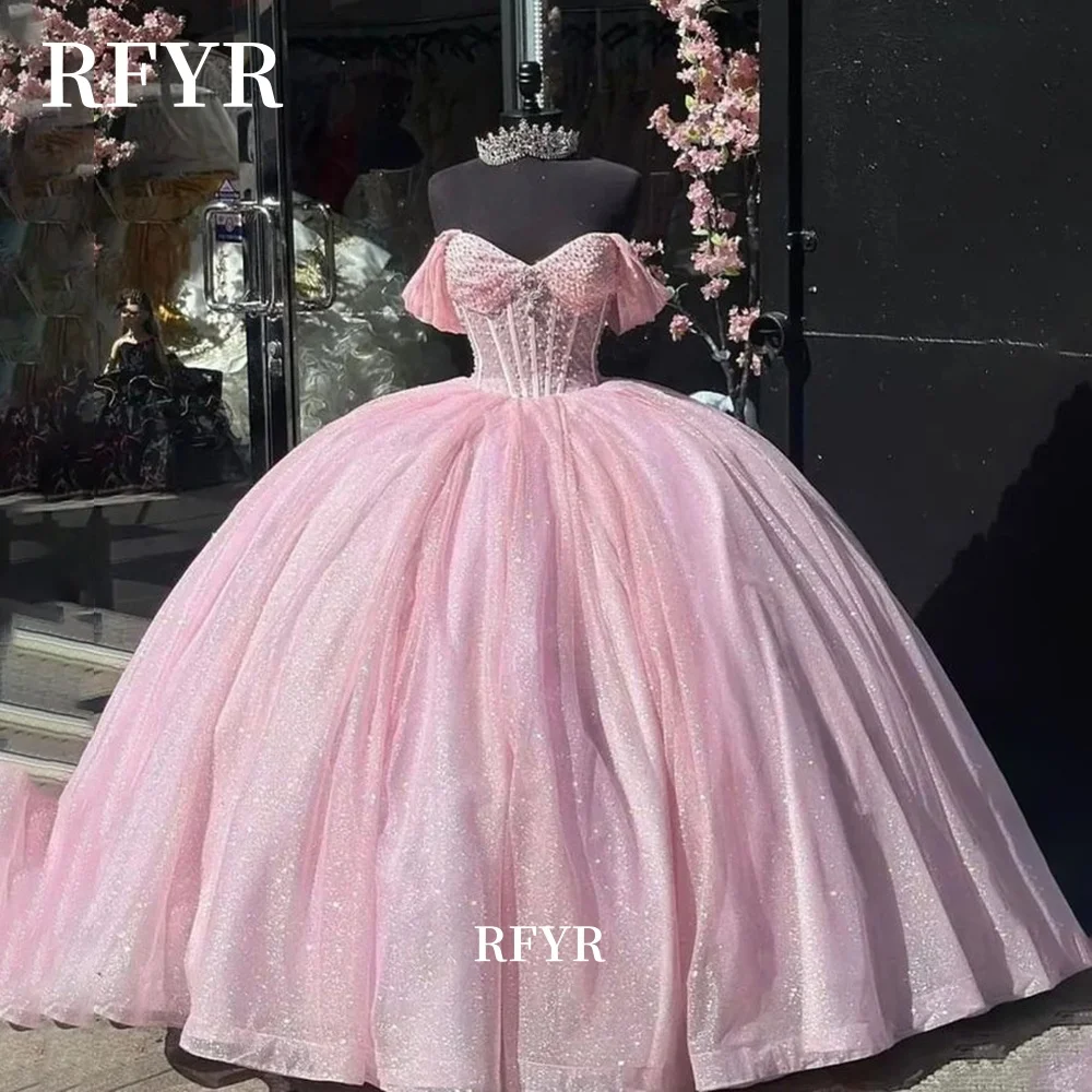RFYR A Line Quinceanera Dresses Puffy Pricess Shiny Prom Gown Calssic Ball Gown 15 year old dress Vestidos de gala Customized