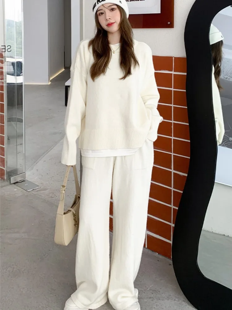 

Women's Loose Knit Suits Autumn Winter Patchwork Sweaters Elastic Waist Wide Leg Trousers Pantsuit Korean Casual Outfits