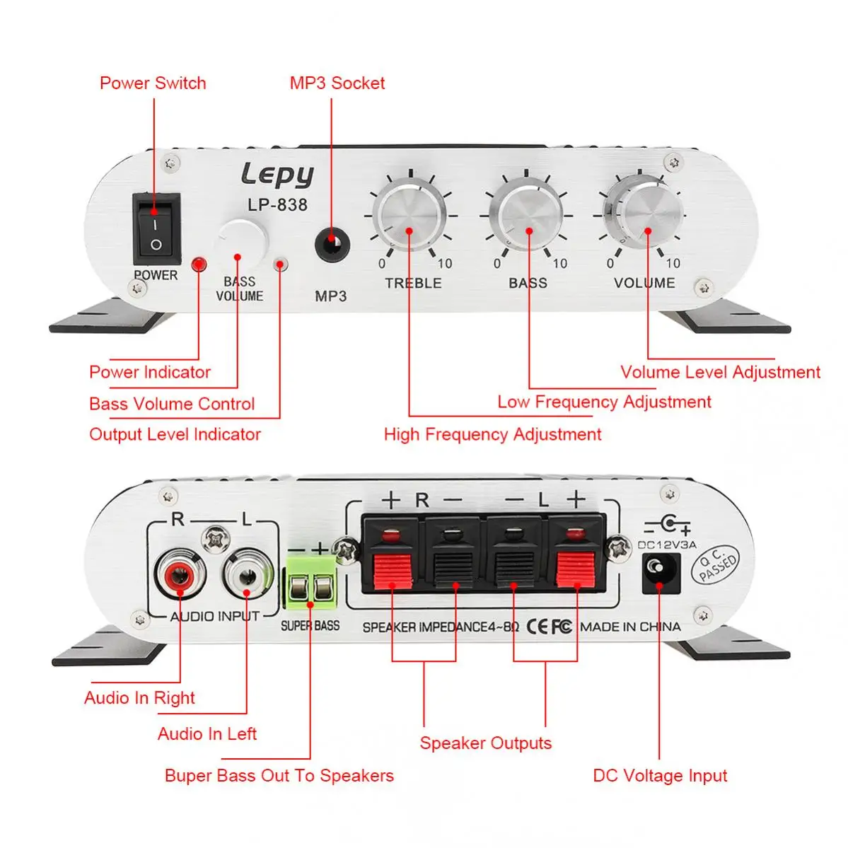 838BT Remote Control Bluetooth 2.1CH HI-FI Car Audio Power Suoofer Amplifier FM Radio Player Support SD / USB / DVD MP3