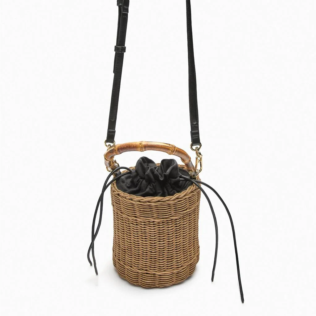 New Women's Bohemian Crossbody Bag Drawstring Straw Woven Bucket Bags Female Rattan Wicker bamboo Handle Beach Handbags