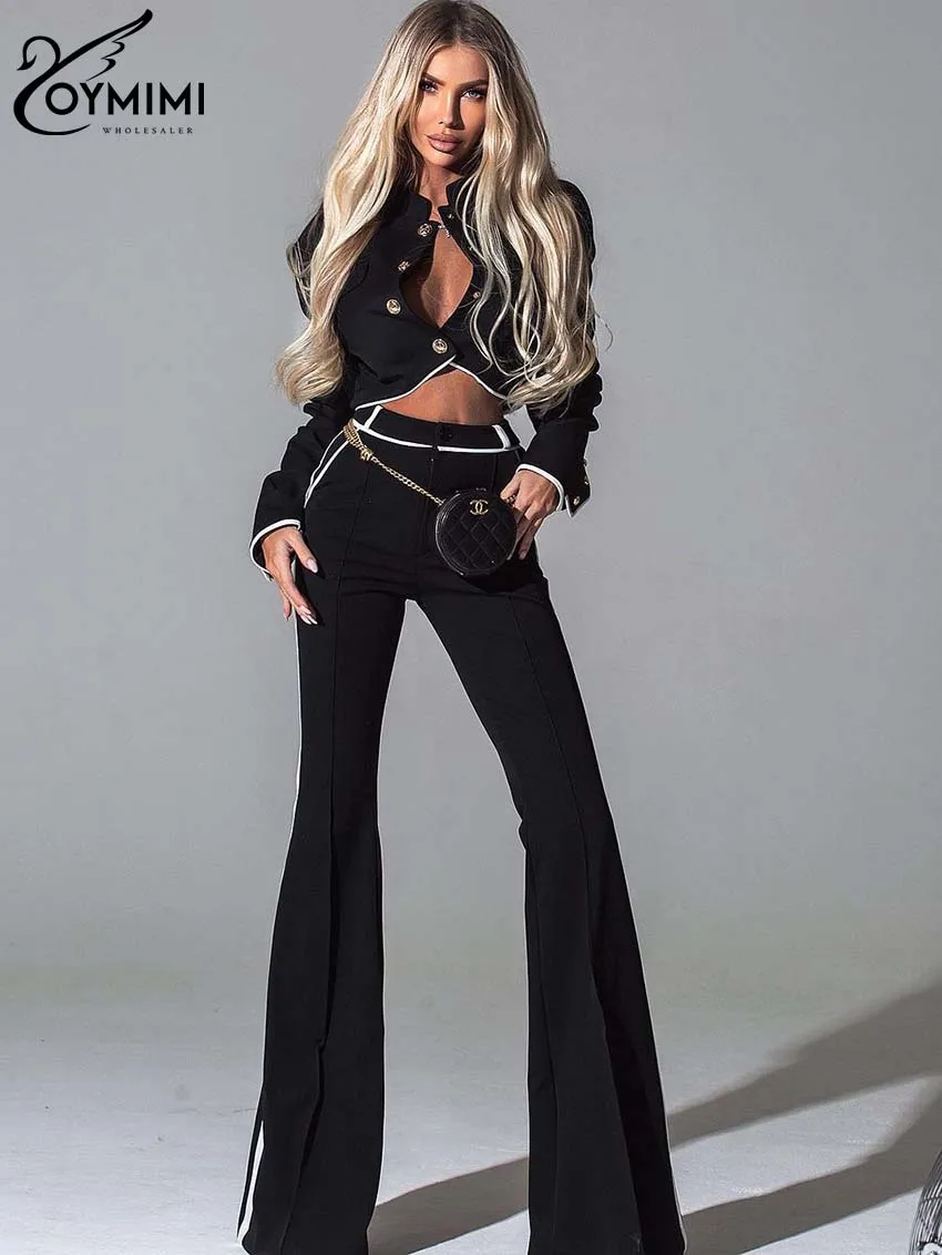 

Oymimi Elegant Black Patchwork 2 Piece Sets Women Outfit Fashion Long Sleeve Stand Collar Crop Shirts And Straight Trousers Sets