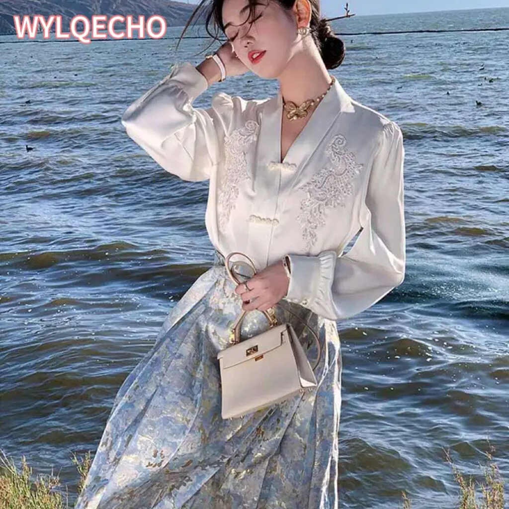 New Chinese Women's Horse Skirt Hanfu Embroidered Shirt Suit Spring New Horse Face Skirt Fashion 2-piece Suit
