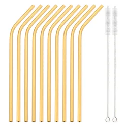 Set of 12 Rose Stainless Steel Reusable Straws with Cleaning Brush - Elegant Metal Drinking Accessories (Gold)