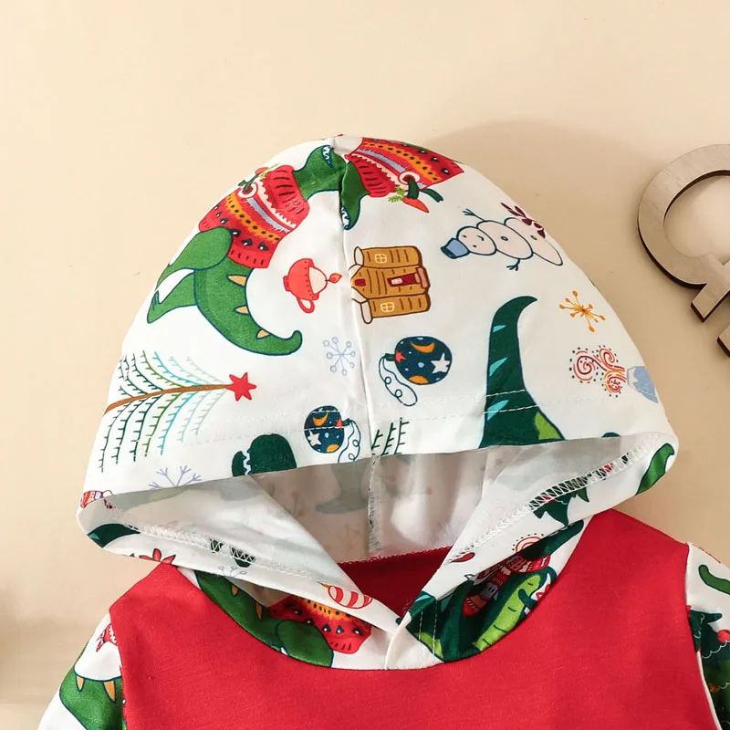 

Baby Girls Christmas Hooded Romper Long Sleeve Cartoon Dinosaur Print Jumpsuit