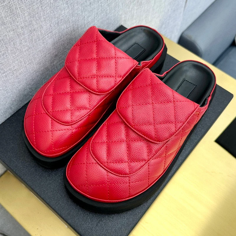 

Female Home Shoes 2024 Spring New Diamond Check Design Round Head Slippers Real Leather Material Thick Bottom Women's Slippers