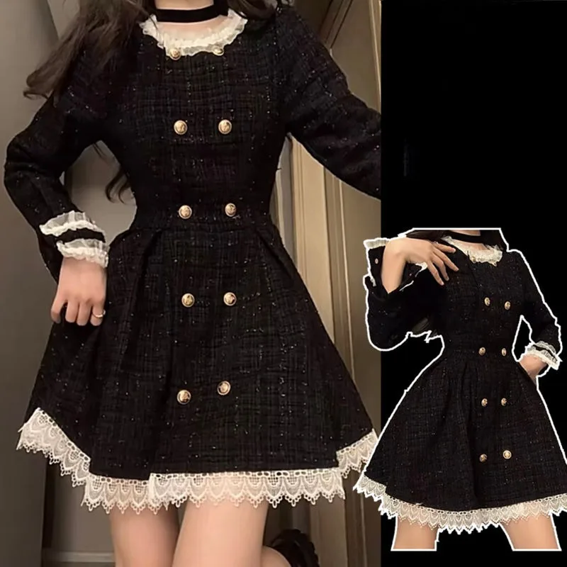 

Женское твидовое платье с кружевом, привлекательное двубортное приталенное платье из французского шелка в стиле ретро, Весенний костюм для колледжа